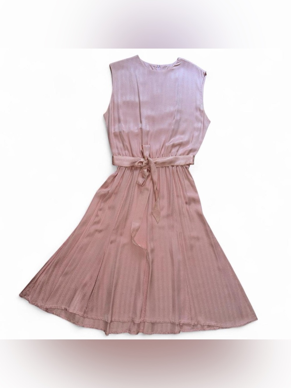 VTG Pleated Midi Dress Medium Vintage Rose Sleeveless Tie Waist Minimal 1980s